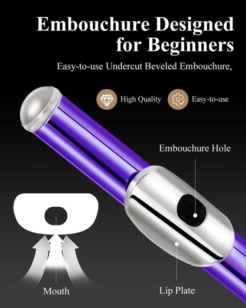 Eastar Closed Hole 16 Keys Flute for Beginner Kids Student with Fingering Chart, Cleaning Kit, Stand, Case, Gloves, Tuning Rod, Purple, EFL-1Pu - Image 2